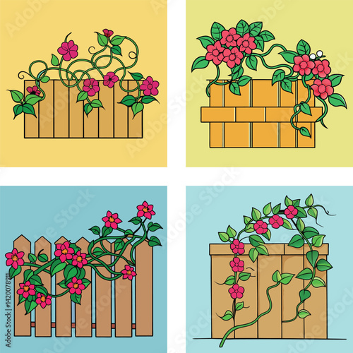 Vector Illustration Of Pink Flowers Vines On Wooden Fence Decorative Elements