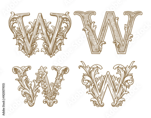 capital letter W. medieval capital letters in the style of the classic Baroque. victorian letters alphabet or number vector