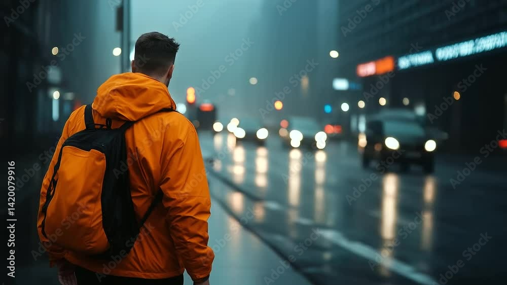 A quiet, melancholic man in an orange jacket walks down a foggy city street, the glowing streetlights barely illuminating his downcast face A quiet, melancholic man in an orange jacket walks down a foggy city street, the glowing streetlights barely illuminating his downcast face