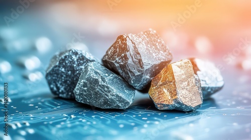 Close-up of raw rare earth minerals with circuit board background