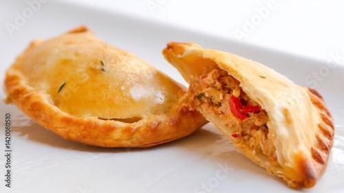 Spanish lunch cuisine empanadas gallegas filled tuna and peppers golden baked pastry cut open to reveal filling top down image with white ceramic background for contrast photo