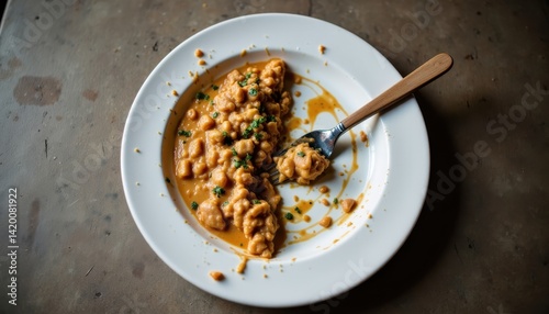 Half eaten meal on expensive plate thrown in garbage, luxury food waste concept