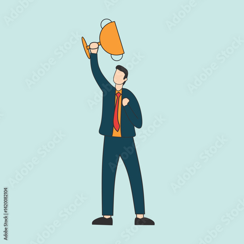An illustration of a businessman triumphantly holding a trophy above his head with a clenched fist, symbolizing victory and achievement