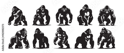 Silhouette of Gorilla vector icon set  illustration isolated on white background.