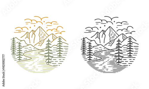 set monoline mountain line art vector logo. mountain tree and nature, suitable for adventurer or nature lover