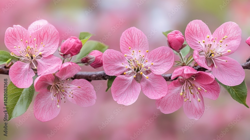 Naklejka premium Pink flowers blooming on a branch with a blurred background.