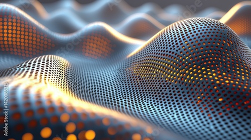 Wavy, perforated surface with orange glow creates abstract, futuristic aesthetic