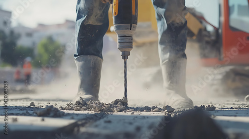 Worker using pneumatic drill on concrete surface. Featuring energy and technique