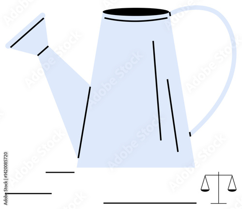 Light blue watering can pouring growth with balance scale symbolizing justice, harmony, and responsibility. Ideal for sustainability, equality, growth, eco-consciousness, legal principles, fairness