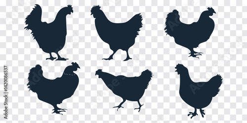 Hens silhouettes Icon.  Set of vector chicken black silhouettes isolated on white background.