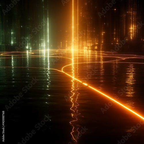 Dynamic Illumination Convergence on Abstract Metallic Surface with Reflected Light in the Scene.