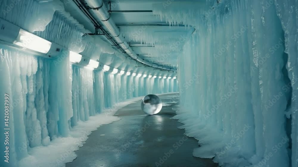 Ice tunnel with reflective sphere, winter wonderland, architectural feature