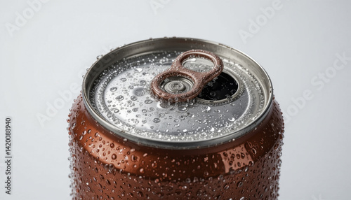 close up image of cold, condensation covered aluminum beverage can with pull tab, showcasing droplets of water on its surface. can is set against plain background