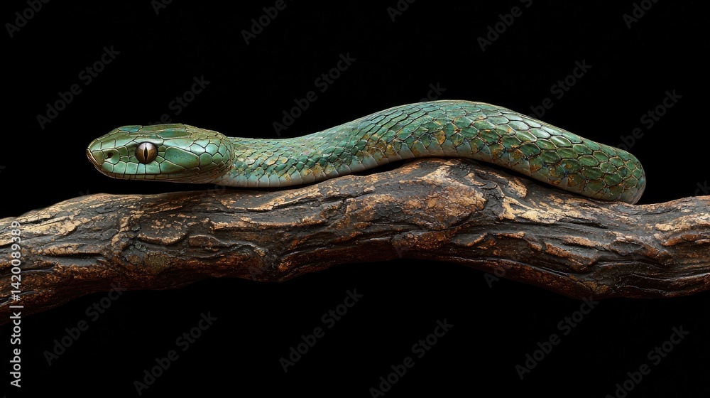 Fototapeta premium Venomous green snake resting on a branch.