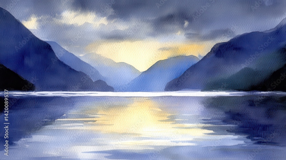 Fototapeta premium Tranquil twilight painting of mountains reflected in calm water