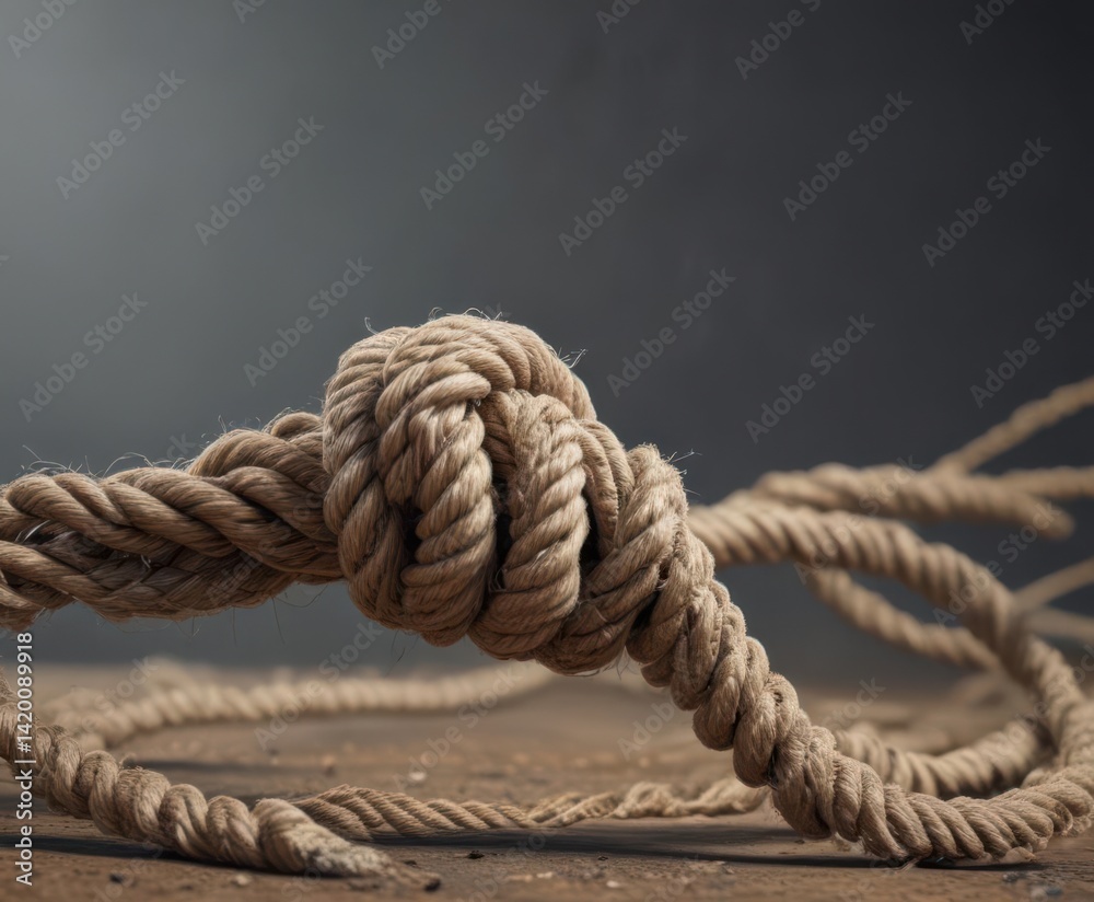 Fototapeta premium Frayed rope, stretched taut, near breaking point, broken, string, worn
