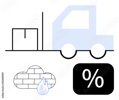Truck delivering cargo beside a stack of boxes, percentage discount icon, and cloud firewall with flame. Ideal for logistics, transportation, discounts, cybersecurity, delivery, shipping storage