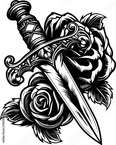 Dark Gothic-inspired tattoo art in detailed SVG vector style. Black and White Dagger with Roses Design for Tattoos or Artwork