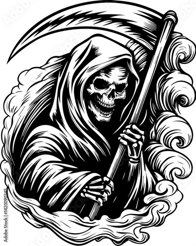 Dark Gothic-inspired tattoo art in detailed SVG vector style. Grim Reaper Illustration with Scythe and Dramatic Cloud Elements