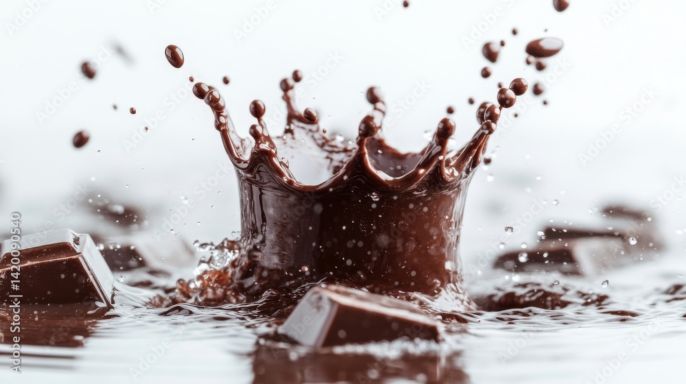Fototapeta premium In a studio setting with controlled light, a close-up shot captures the splashing of chocolate with droplets on a white background