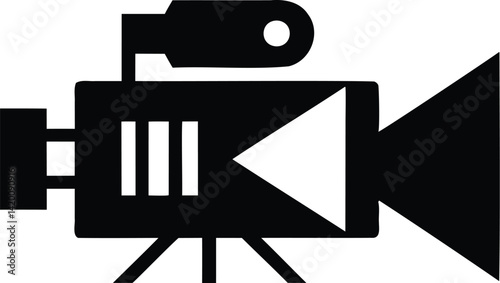 Vintage Style Video Camera Silhouette Vector Icon on Tripod – Black and White Film Camera Illustration for Video Production, Filmmaking, Broadcasting, Movie Direction, and Media Industry Concepts