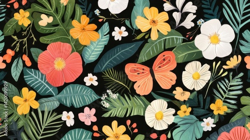 Wallpaper Mural Tropical reverie flowers and a butterfly amidst lush foliage on a black backdrop Torontodigital.ca