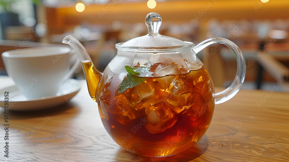 A clear teapot filled with iced tea and mint on a wooden table with a cup in the background . A clear teapot filled with iced tea and mint on a wooden table with a cup in the background .