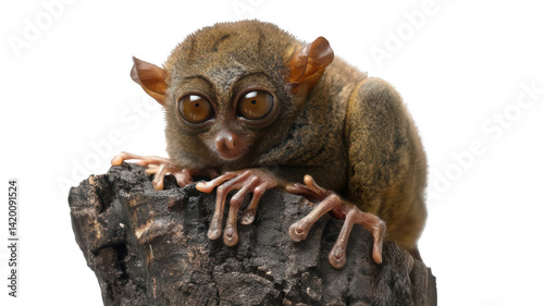 Realistic Philippine Tarsier on Tree Stump Transparent Background