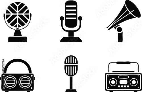 Retro and Modern Microphones and Audio Equipment Vector Silhouette Set – Radio Microphone, Gramophone, Boom Box, and Speaker Icons on White Background for Music and Broadcasting Themes