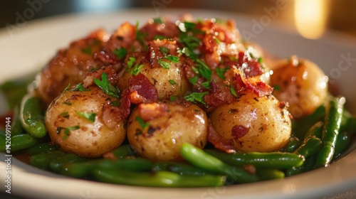 Delicious plate of hot baby potatoes and green beans, with golden bacon on top and bright green parsley for color
