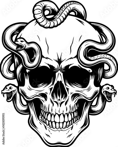 Floral and nature-inspired tattoo art in elegant SVG vector style. Skull Illustration with Snakes and Intricate Detailing for Art