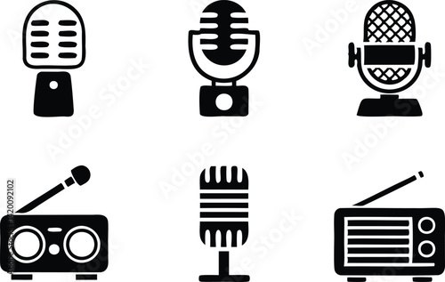 Silhouette vector icon set of vintage microphones and retro radios for music, broadcasting, and podcast themes in black and white design