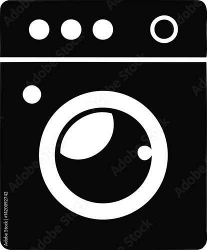 Minimalist black silhouette icon of a washing machine with circular front-loading design and control panel in modern laundry appliance vector style