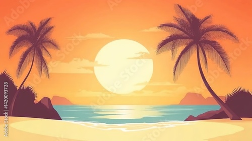 This illustration depicts a tropical beach sunset with tall palm trees, a glowing sun, and sparkling waves. Ideal for travel promotions, relaxation-themed apps, or greeting cards