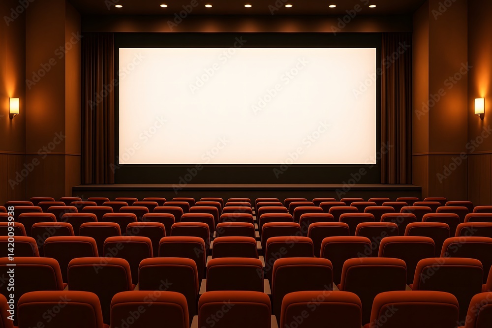 Fototapeta premium Empty cinema hall with red seats and large blank screen. Interior view of a modern movie theater before a film starts. Perfect for entertainment or presentation themes.