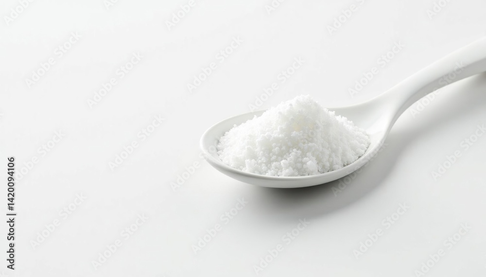 Spoonful of white sugar against white backdrop, candy, icing, sugar Spoonful of white sugar against white backdrop, candy, icing, sugar