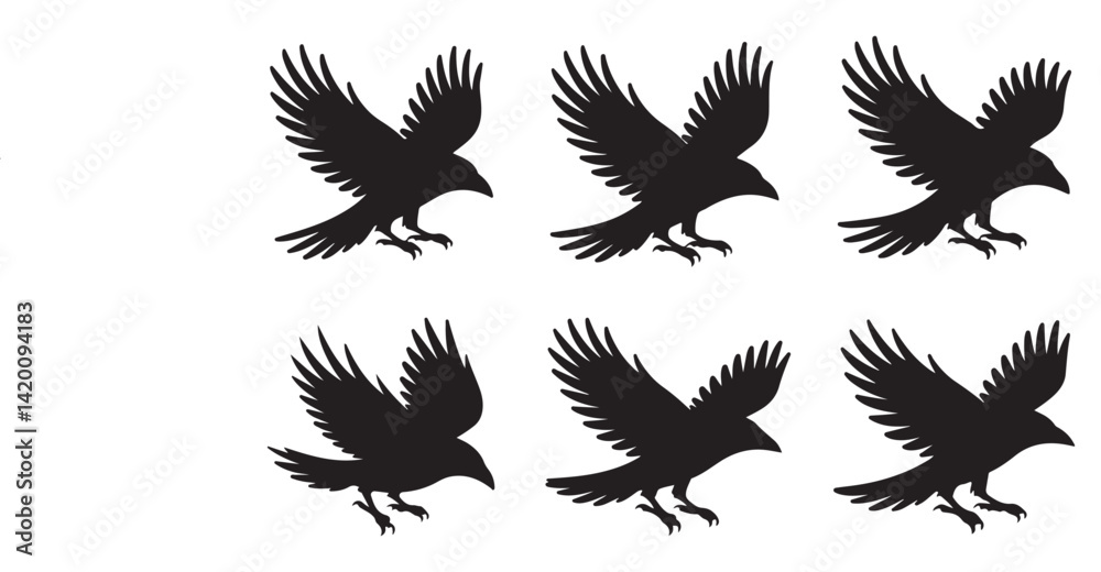 Obraz premium Silhouette Crow Vector Set – Black Bird Clipart Designs for Tattoos, Logos, and Art