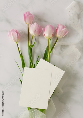 Wallpaper Mural Greeting cards mockup and pink tulip flowers on white marble background top view flatlay. Blank mock up with copy space. Torontodigital.ca