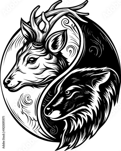 Sacred geometry and mandala-inspired tattoo art in intricate SVG vector designs. Intricate Yin Yang Design Featuring Deer and Wolf in Black and White