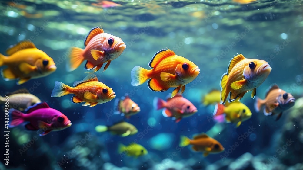 Naklejka premium A vibrant underwater scene featuring a line of colorful tropical fish swimming in shallow water