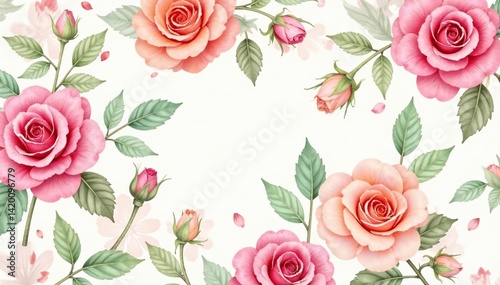 Delicate watercolor roses repeat in a soft, vintage pattern , pink, pattern, rose pattern