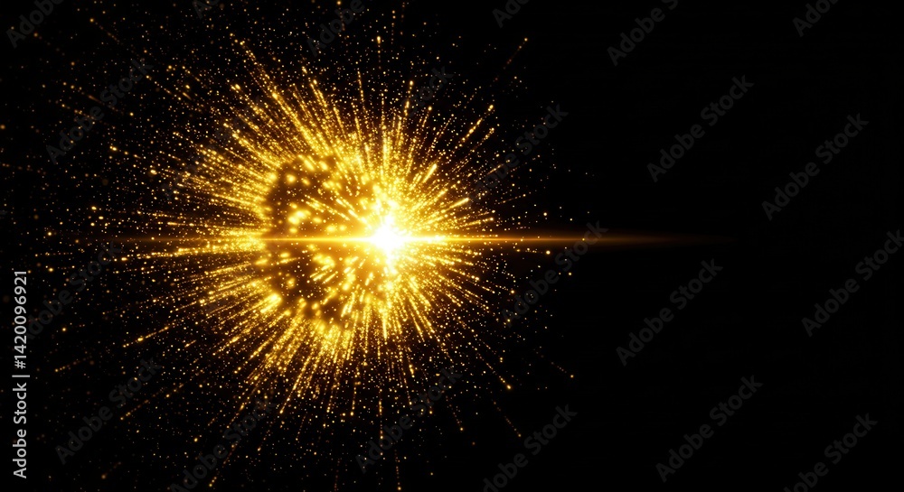 Golden light explosion with radiating particles on black background Golden light explosion with radiating particles on black background