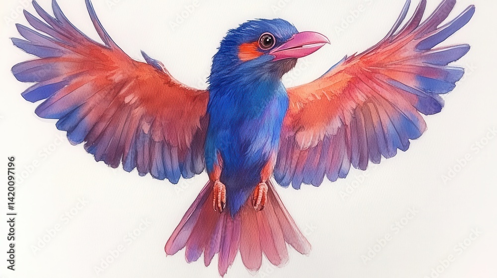 Fototapeta premium Vibrant watercolor bird soars wings outstretched showcasing blues oranges and purples