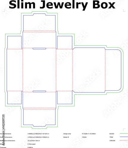 Slim jewelry box diecut template vector design with dimensions and crease lines