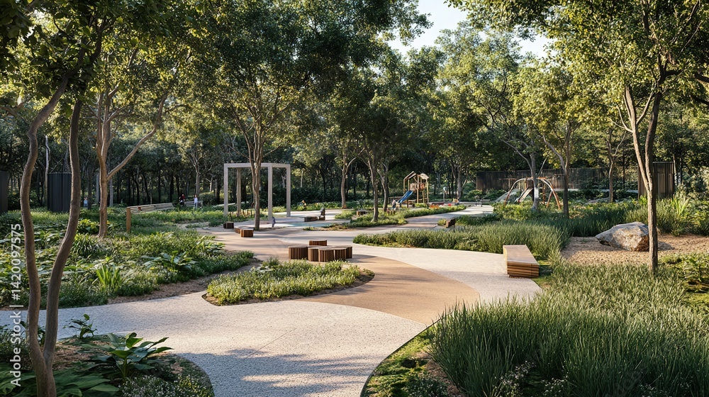 This serene park scene with a winding path, benches, and playground suits urban planning, family-friendly ads, or mental health campaigns.