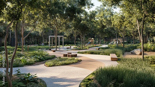Obraz na płótnie This serene park scene with a winding path, benches, and playground suits urban planning, family-friendly ads, or mental health campaigns. w salonie