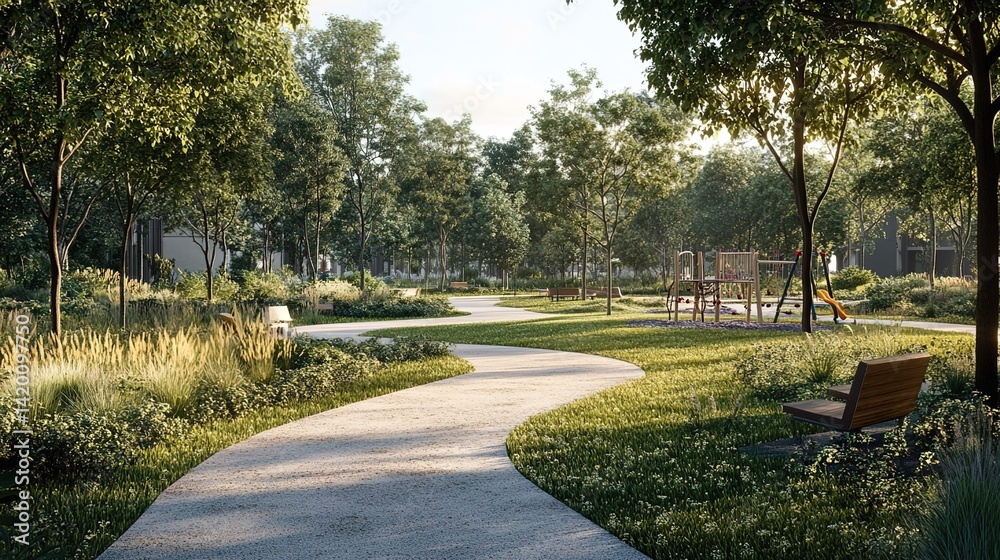 This serene park scene with a winding path, benches, and playground suits urban planning, family-friendly ads, or mental health campaigns.