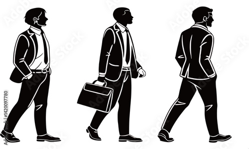 Three diverse businessmen walking confidently in suits, showcasing professional demeanor.