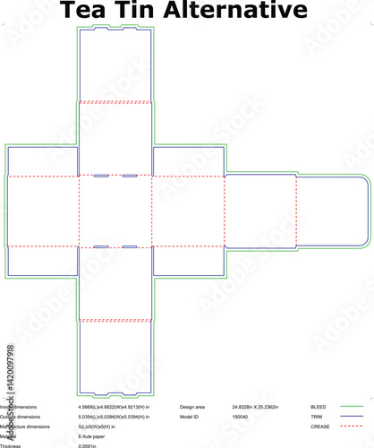 Tea tin alternative packaging box diecut blueprint template for manufacturing and production design process