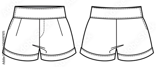 Women's casual shorts design front and back view flat sketch fashion illustration. folded hem shorts cad drawing vector template